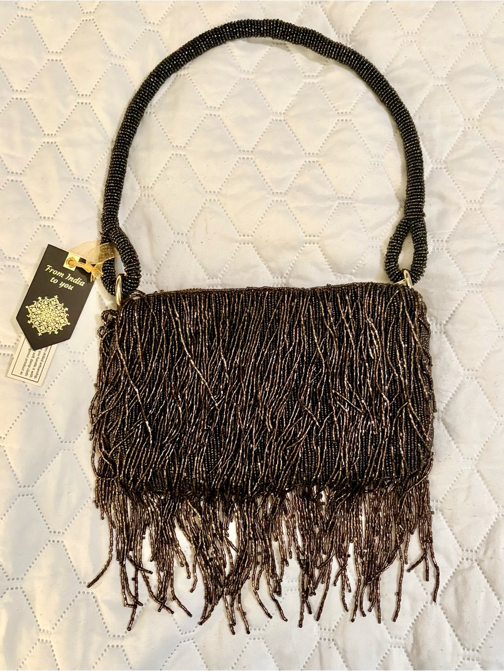 Made in India bronze beaded fringe shoulder bag